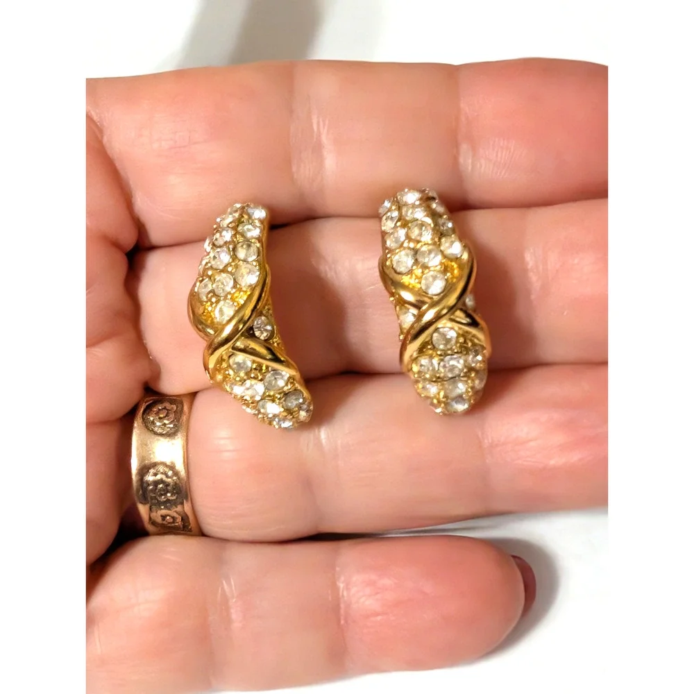 Rhinestone Pierced Earrings Gold-tone Crescents 1